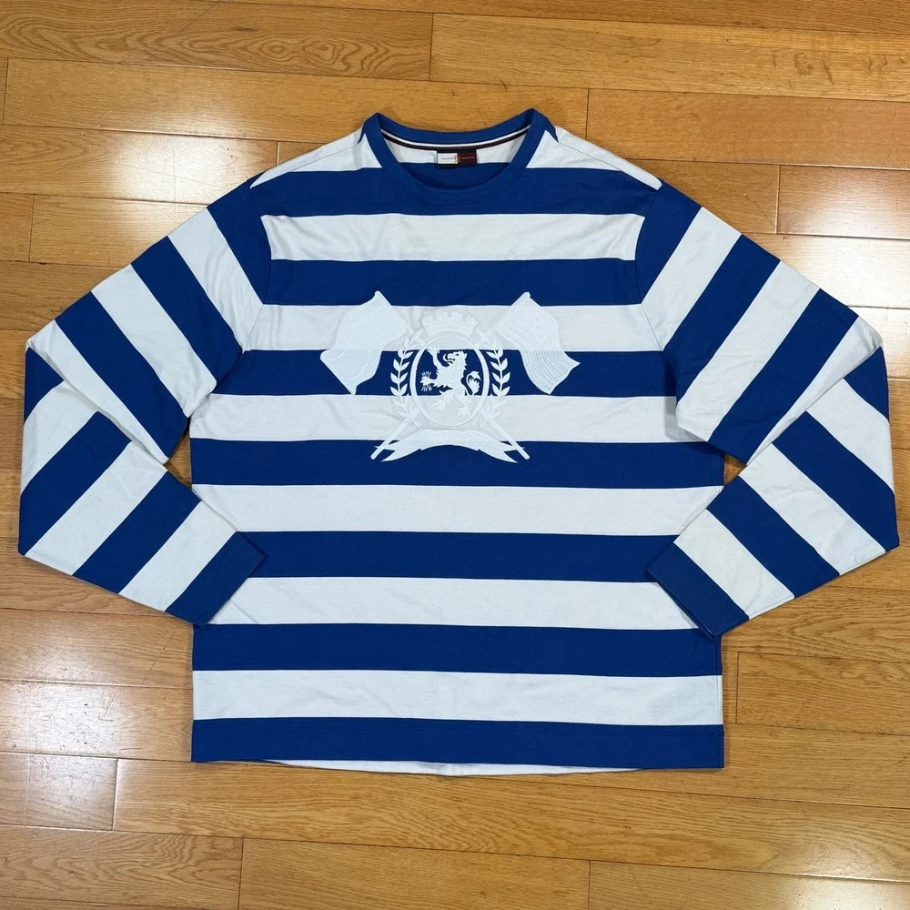 Hilfiger Collection Mens XL Blue White Striped Crest Embroidered LS T-Shirt‎